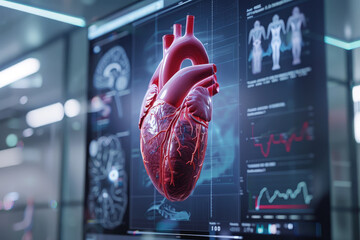 A 3D animation of a heart with APS displayed on a giant public health monitor, educating the public about the importance of vascular health
