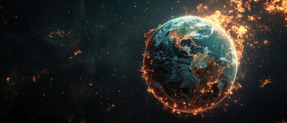 A detailed scientific illustration of Earth undergoing severe environmental stress, its surface wrinkled and edges glowing with embers - obrazy, fototapety, plakaty