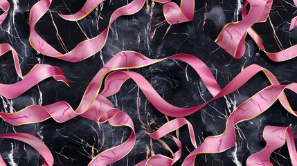 pattern of pink and gold ribbons on a black background
