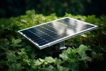 Solar panels in the garden. Solar power plant among trees and bushes. Application of photoelectric converters to ecological profit. Solar power panel. Green energy concept