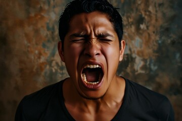 Angry young adult Latin American man yelling or very emotional expression sings songs on color background - obrazy, fototapety, plakaty