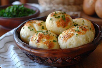 Pao de Queijo brazilian cheese bread in the kitchen table professional advertising food photography