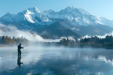 Fly Fishing in Serene Mountain Lake with Snow-Capped Peaks Reflecting on Misty Surface