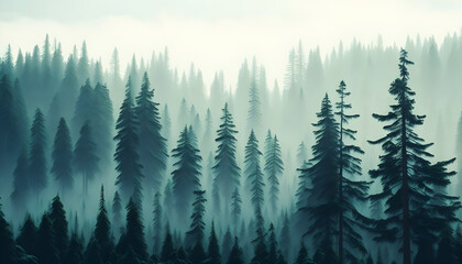 Fir forest in vintage retro style with beautiful landscape. Generative AI