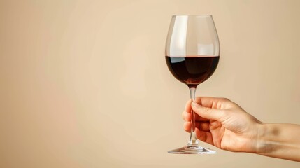 Hand holding red wine glass on pastel background with ample space for text placement