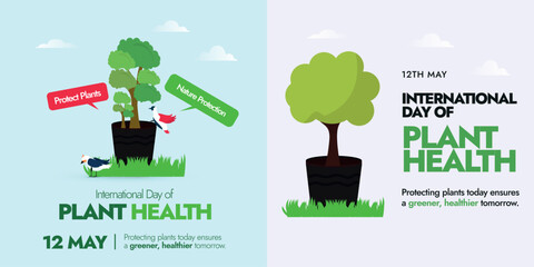 International day of plant health. Celebrating 12th may as International day of plant health banners, cards, post design templates. Plant health day awareness posts to protect plants and nature.