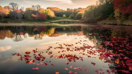 autumn landscape with lake. Beautiful autumn landscape . Colorful foliage in the park. Falling leaves natural background