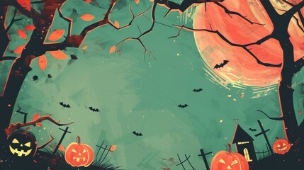 Halloween Scene With Pumpkins and Bats