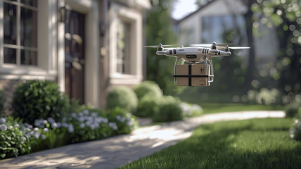 Drones are transporting packages to the destination home. The concept of using unmanned aerial vehicles to deliver fast, safe, and accurate automated cargo transport without human couriers. - obrazy, fototapety, plakaty