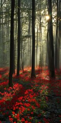 Dense forest abloom with vibrant red flowers
