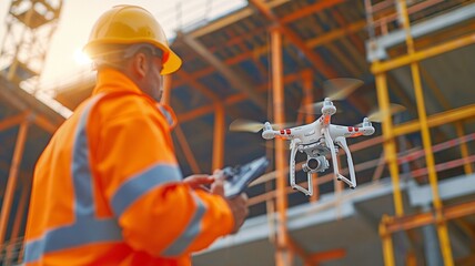 A construction worker on a building site using a drone