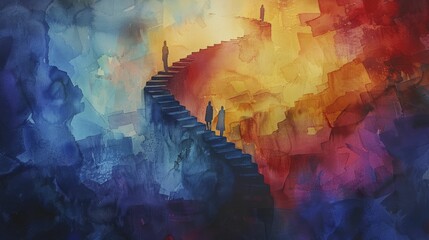 Abstract depiction of climbing corporate ladder, ghostly silhouettes on surreal, spiraling staircase, twilight ambiance, watercolor painting.
