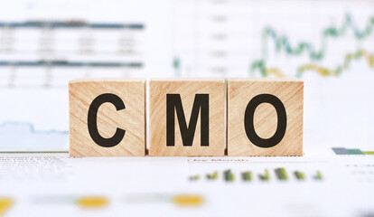 Wooden blocks arranged to spell CMO on top of a table, representing a business concept related to Chief Marketing Officer.
