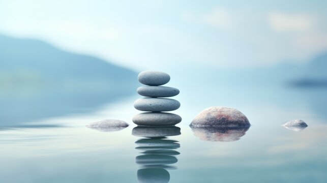 Zen stones in water, a classic symbol of spa wellness, captured in a simple, minimalist layout, perfect for a calming 4k background