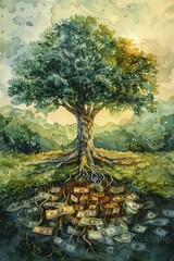 The watercolor painting beautifully illustrates business expansion as a tree with currency roots, thriving in a vibrant field under a clear sky.