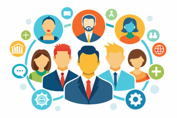 Vector set of silhouette icons representing business persons, team management, and socializing individuals, ideal for depicting leadership, unity, and community on social sites and business platforms