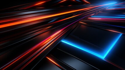 Abstract vector streaks with blue and red neon glow converging in a futuristic perspective. High-speed motion design element on dark background. Conceptual depiction of digital acceleration.