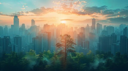 Double exposure cityscape with green forest vegetation overlay