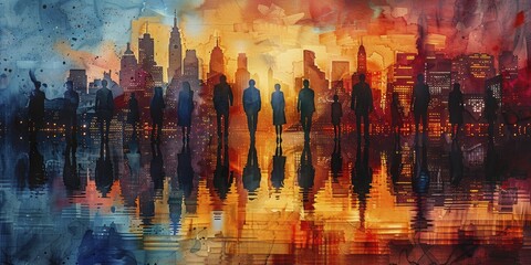 Business professionals as chess pieces on a board that spans a city, strategic moves affecting urban dynamics, evening setting, watercolor painting.