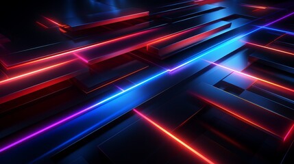 Futuristic abstract 3D structure with red and blue neon illumination. High-tech concept design for cyber and virtual reality themes.