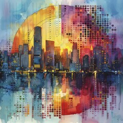 Cityscape with transparent pie charts and bar graphs overlaying, analyzing urban economic trends, twilight ambiance, watercolor painting.