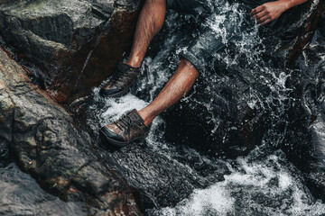 Hikers relax in the stream flowing from the waterfall. hiking concept.