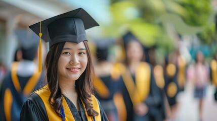 Radiant young woman in graduation cap and gown with classmates blurred in background. Celebratory education achievement portrait with soft focus and copy space.