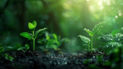 Young seedlings growing in soil with sunlight filtering through leaves. Concept of new life, growth, and environmental care.