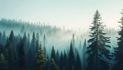 Obraz premium Fir forest in vintage retro style with beautiful landscape. Generative AI