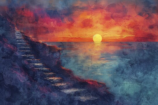The ascent up the corporate ladder mirrors a daunting cliff climb, with sunrise hinting at fresh starts in a dreamy watercolor scene.