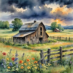 Watercolor rustic old barn with wooden fence in a country wildflower field with thunderclouds overhead  - 785566702