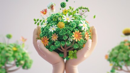A pair of cute hands holding a sphere 3D icon composed of many trees, flowers and plants, environmentally friendly green theme, bright colors, simple shapes - obrazy, fototapety, plakaty