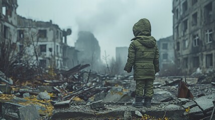 A lone young child in a green jacket standing amidst the demolished buildings in a conflict zone