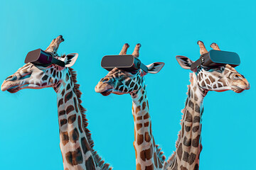 A group of laughing giraffes wearing virtual reality headsets against a holographic blue backdrop