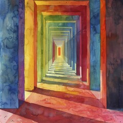 A surreal hallway of vibrant doors leads seekers to success through shifting perspectives and a watercolor-like journey towards light.