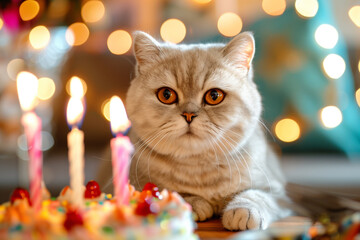 a British shorthair cat celebrating its birthday - 785566763