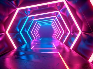 Vibrant neon-lit hexagonal tunnel with reflective floor. Futuristic corridor concept with blue and pink lights. Sci-fi interior design with copy space.