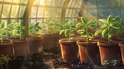 Young plant seedlings in terracotta pots inside greenhouse with morning light. Digital illustration of horticulture and gardening concept.