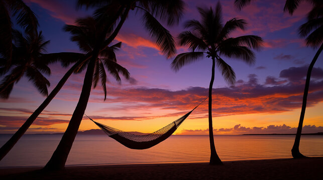 Un hamac tendu entre deux palmiers sur la plage au coucher du soleil sous les tropiques.