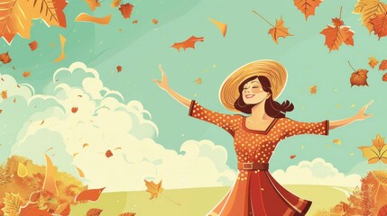 Joyful Woman Embracing Autumns Arrival Under a Canopy of Falling Leaves