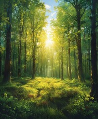 Sunlight filtering through trees in forest