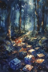 Lost in the enigmatic forest, we wager on business strategies along dice-laden paths under a mystical night sky, a watercolor painting come to life.