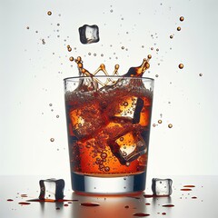 A glass is filled with whiskey and ice cubes, some of which seem to have just dropped into the glass, causing a dynamic splash