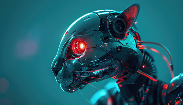 A quirky robotic animal with glowing red eyes against a vibrant turquoise backdrop