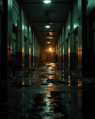 A deserted asylum filled with flickering lights and distant whispers, capturing the essence of fear and suspense