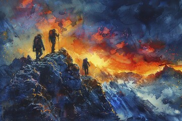 Figures climbing a graph made of stone, challenging ascent, concept of hard won success, stormy sky, watercolor painting.