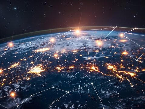 This image embodies the concept of global world network and communication technology, incorporating elements such as big data, IoT solutions, the new normal, digital twin technology