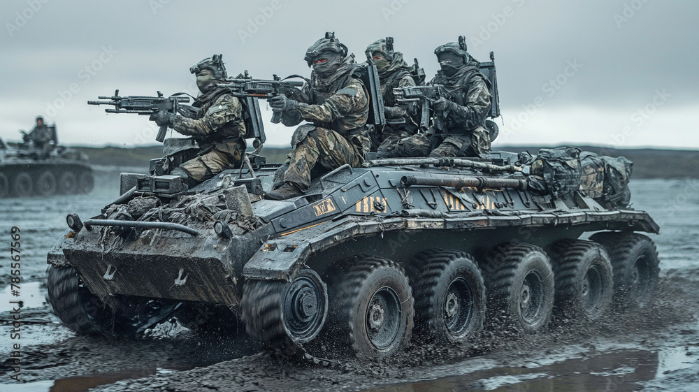 Poster On an armoured personnel vehicle, soldiers brandishing machine guns