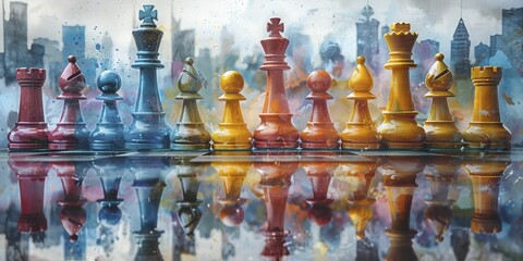 In the watercolor painting, the king chess piece stands out, reflecting skyscrapers, symbolizing strategic business decisions.