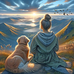 A young woman and her golden retriever dog sit closely together at the edge of a scenic overlook